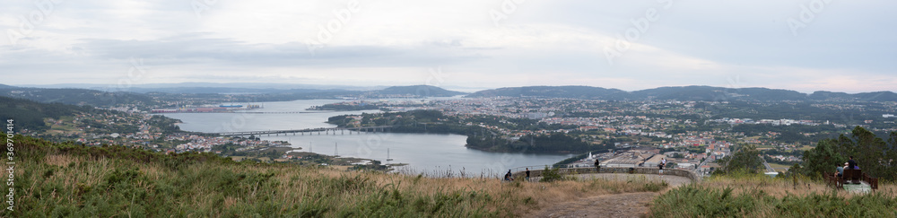Spectacular panoramic view of Ferrol estuary, panorama from Ancos. Ferrolterra aerial view. Ferrol, Naron, Fene, Neda and Mugardos into one stunning wide image at dusk