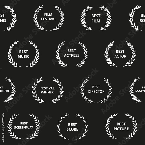 Black and white film award wreaths. Seamless pattern. Vector illustration.