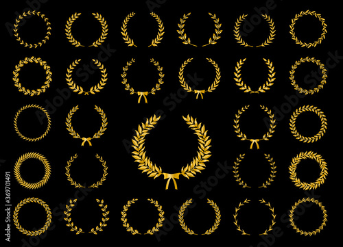Collection of gold circular laurel wreaths for use as design elements in heraldry on an award certificate manuscript and to symbolise victory illustration in silhouette