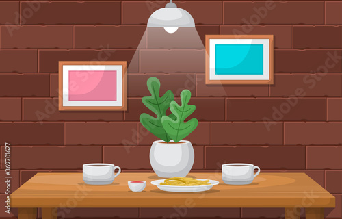 Cake Plant Cup of Coffee on Table Cafe Restaurant Illustration