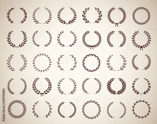 Collection of thirty circular vintage laurel wreaths. Can be used as design elements in heraldry on an award certificate manuscript and to symbolise victory illustration in silhouette