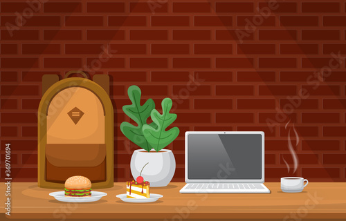 Cake Plant Cup of Coffee on Table Cafe Restaurant Illustration