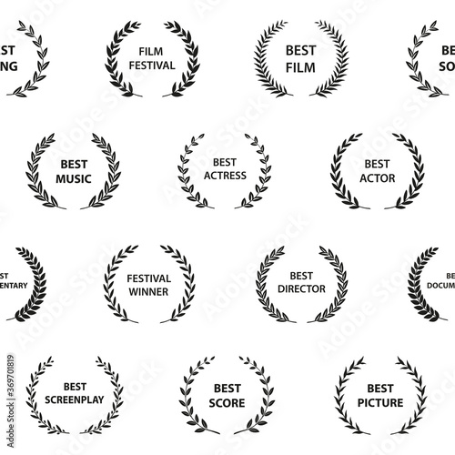 Black and white film award wreaths. Seamless pattern. Vector illustration.
