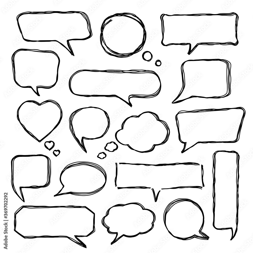 Obraz premium Set of scribbled comic speech bubbles with hand drawn doodle style. Vector talk and thought sketch bubbles.