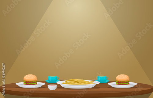 Cup of Coffee on Table Cafe Restaurant Golden Background Illustration