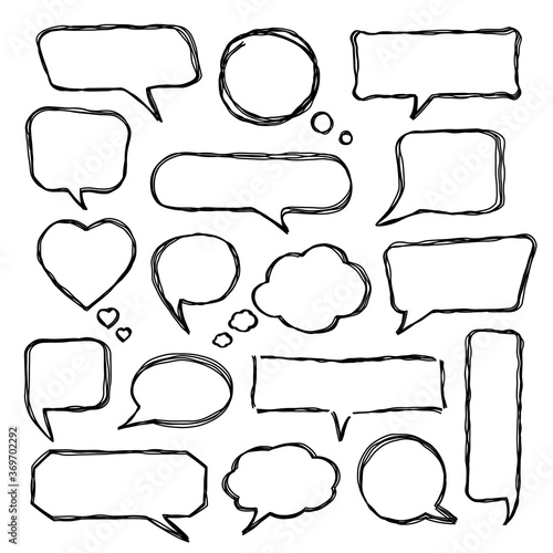 Set of scribbled comic speech bubbles with hand drawn doodle style. Vector talk and thought sketch bubbles.
