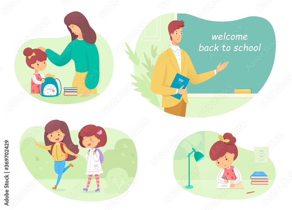 Fototapeta premium Welcome back to school scenes set