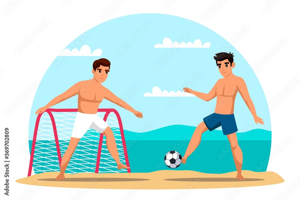 Young men playing football at beach. Teenagers doing summer sports