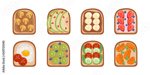 Toast breackfast vector illustration. Toasted sandwiches collection.Toasts with different ingredients Top View.