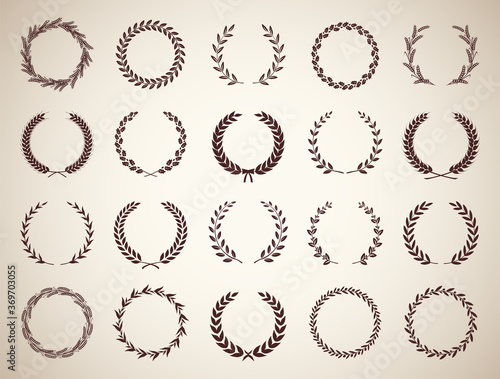 Set of different vintage silhouette laurel foliate, olive, oak and wheat wreaths depicting an award, achievement, heraldry, nobility, emblem. Vector illustration.