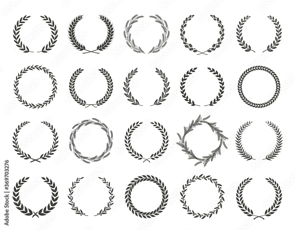 Set of black and white silhouette circular laurel foliate and oak wreaths depicting an award, achievement, heraldry, nobility. Vector illustration. Set of black and white silhouette circular laurel foliate and oak wreaths depicting an award, achievement, heraldry, nobility. Vector illustration.