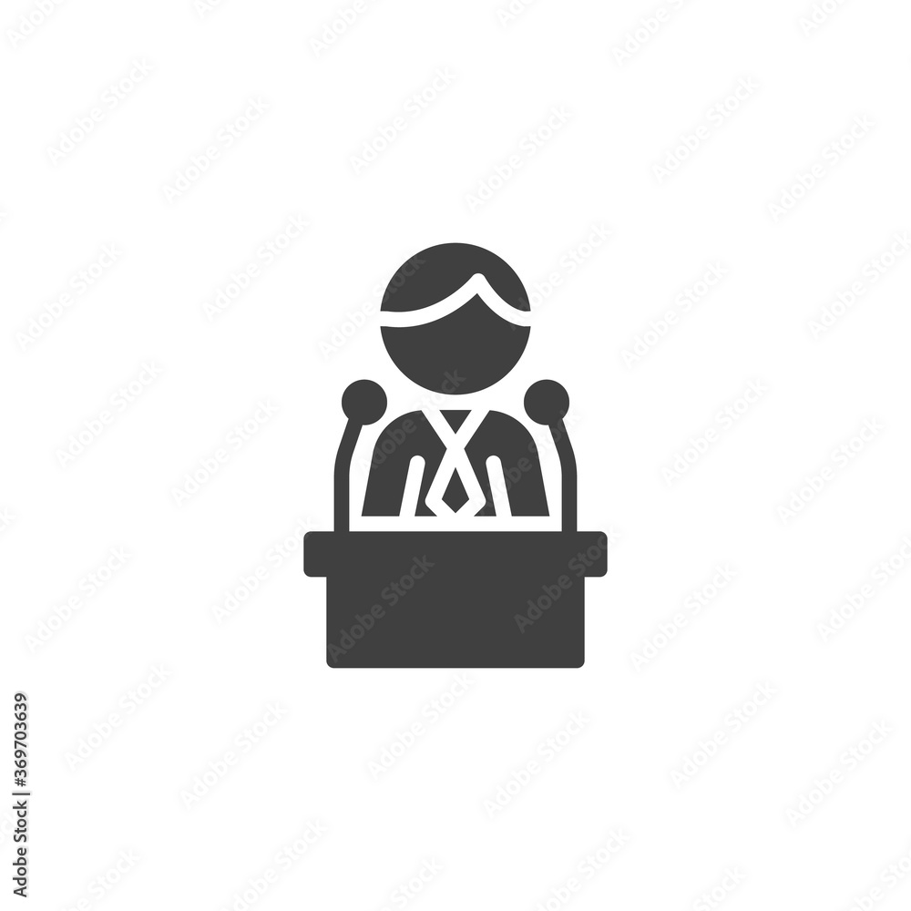 Politician speaker vector icon. filled flat sign for mobile concept and web design. Orator speaking from tribune glyph icon. Symbol, logo illustration. Vector graphics Politician speaker vector icon. filled flat sign for mobile concept and web design. Orator speaking from tribune glyph icon. Symbol, logo illustration. Vector graphics