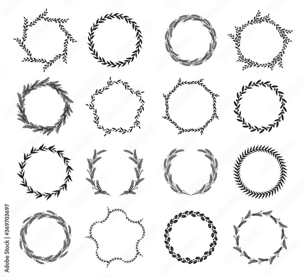 Set of black and white silhouette circular laurel foliate, wheat, oak and olive wreaths depicting an award, achievement, heraldry, nobility, logo, emblem. Vector illustration. Set of black and white silhouette circular laurel foliate, wheat, oak and olive wreaths depicting an award, achievement, heraldry, nobility, logo, emblem. Vector illustration.