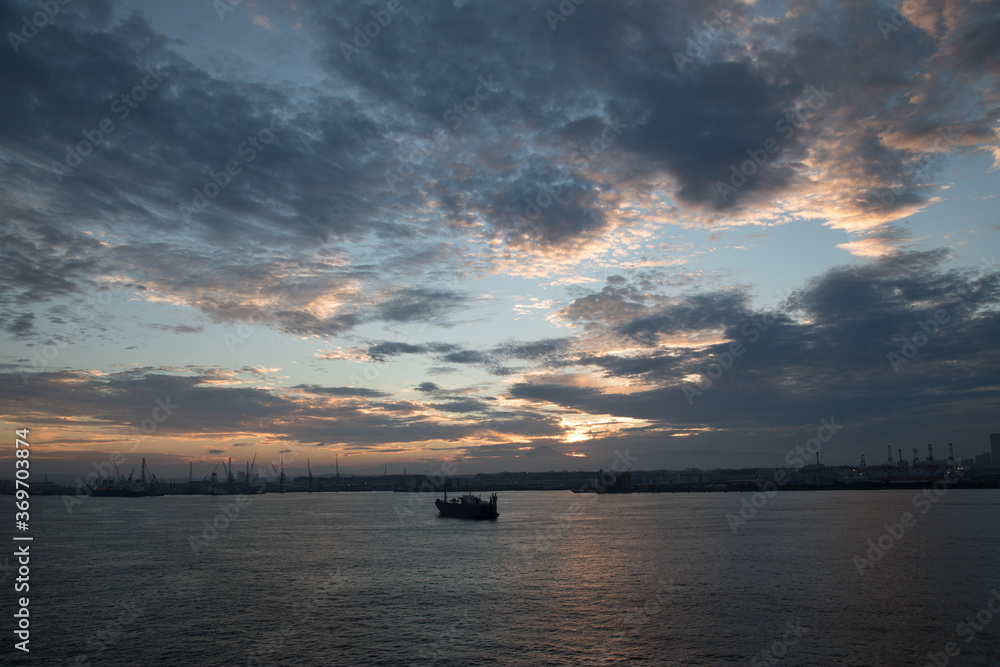 Sunset over Yokohama harbour, Yokohama, Japan