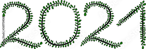 Obraz na płótnie 2021. Arabic numerals. Happy New Year and merry Christmas. Eco-friendly theme. Numbers of black branches and green petals. The foliage is lush. Summer atmosphere w salonie