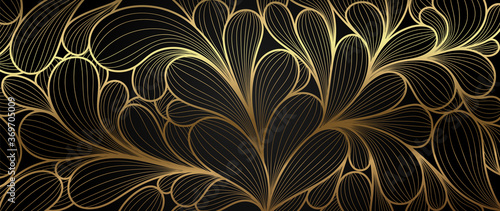 Luxury golden wallpaper.  Abstract gold line arts texture with dark background design for cover, invitation background, packaging design, fabric, and print. Vector illustration.