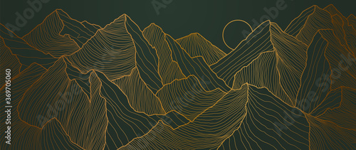 landscape wallpaper design with Golden mountain line arts, luxury background design for cover, invitation background, packaging design, fabric, and print. Vector illustration.