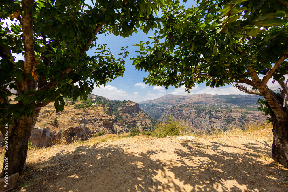 Obraz premium Panoramic view of the Kadisha Valley in Lebanon framed by trees. The Holy Valley is the place of the ancient Christian community. Beautiful Lebanese mountain landscape