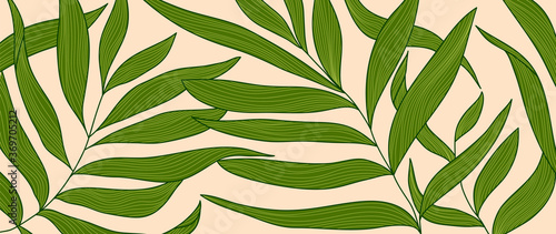 Luxury tropical leaf and nature line art ink drawing background vector. Leaves and Floral pattern  vector illustration.
