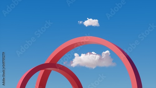 3d render, round arches under the blue sky with white clouds. Abstract fantasy cloudscape on a sunny day. Red bridges. Minimal surreal dream concept