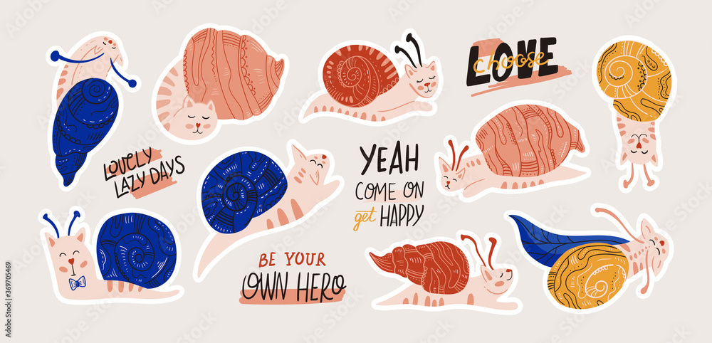 Snails Cat isolated on background. Cartoon animal character. Vector illustration for poster design, kids print, greeting card, social media post. For cards, textile.