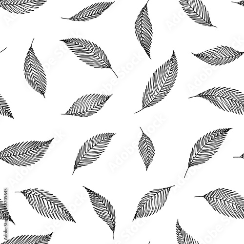 A pattern of decorative elements made of tree leaves. Hand ink drawing.