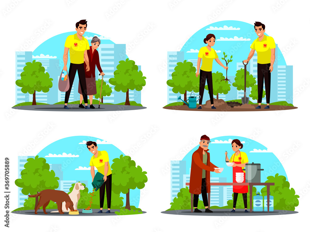Fototapeta premium Volunteering and supporting people vector set