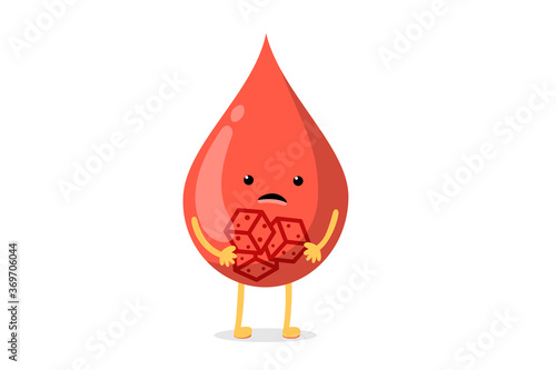 Blood drop sad sick character with sugar pieces inside. Testing blood glucose concept. Diabetes world day. Vector illustration