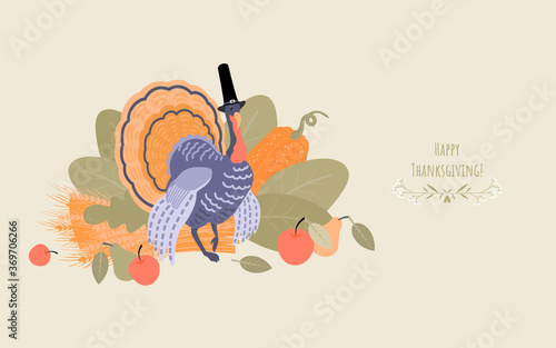 Fototapeta Naklejka Na Ścianę i Meble -  Thanksgiving banner with a turkey wearing a pilgrim hat on a background of plants