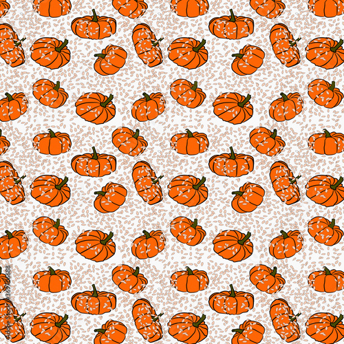 Autumn harvest.Orange pumpkin seamless pattern. Vector doodle background.