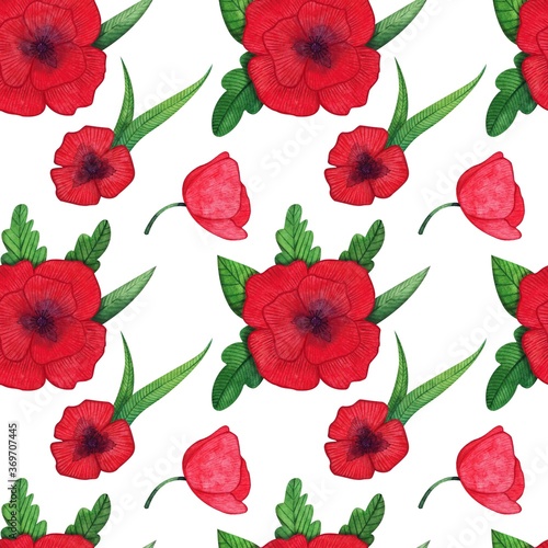 Watercolor seamless pattern with red poppies