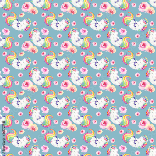 Watercolor seamless pattern with unicorns