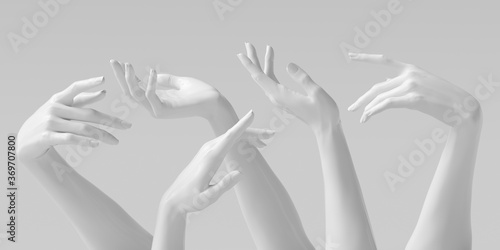 Mannequin hands set, isolated female hand white sculptures elegant gestures isolated 3d rendering concept