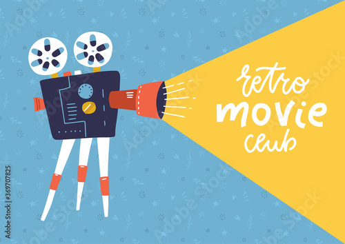 Cool retro movie projector poster, leaflet or banner template with lettering sample text - Retro movie club. Analog device - cinema motion picture film projector with different film reels