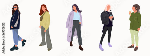 Collection of stylish young women dressed in trendy clothes.Happy teenage girls wearing  apparel isolated on white background. Students, models in trendy outwear.clothes vector cartoon illustrtion