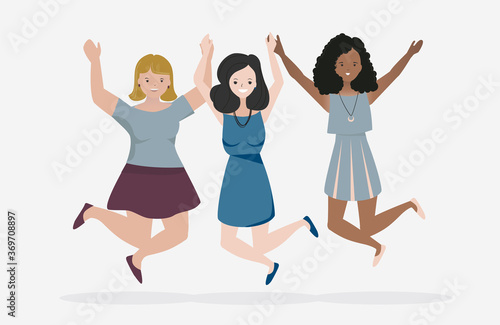 Happy women jumping vector. Teamwork diversity concept illustration. 