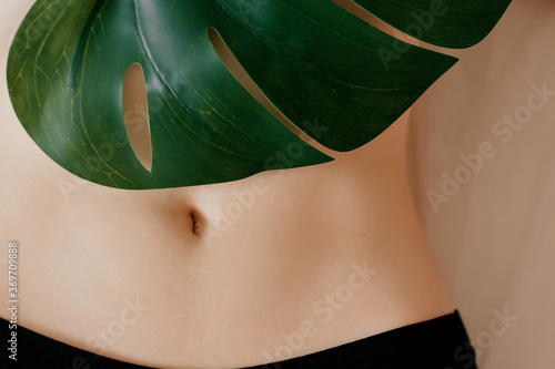 bare stomach with the navel with green leaf of monstera photo