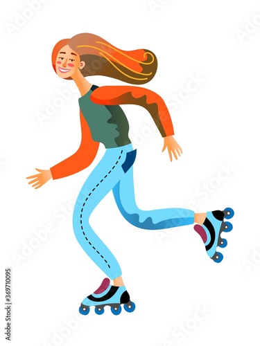 Cute young woman rollerblading, enjoying speed. Smiling girl rides on roller skates isolated on white background. Vector character illustration of sport activity, outdoor leisure, healthy lifestyle.