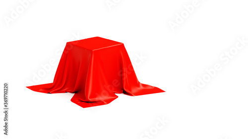 Pedestal covered with luxurious red cloth on white background in studio, web banner or template, 3D rendering