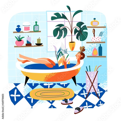 Woman taking bath and reads magazine, daily life routine