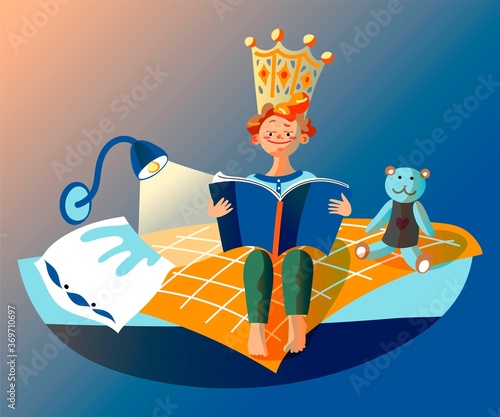 Boy is reading book of tale of kingdom, child literature