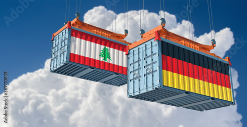 Freight containers with German and Lebanon flag. 3D Rendering 
