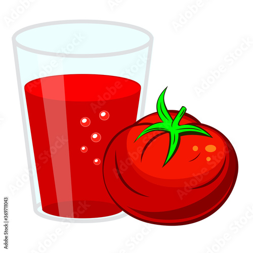 Glass of tomato juice and  red tomato. Simple flat vector illustration isolated on white background.