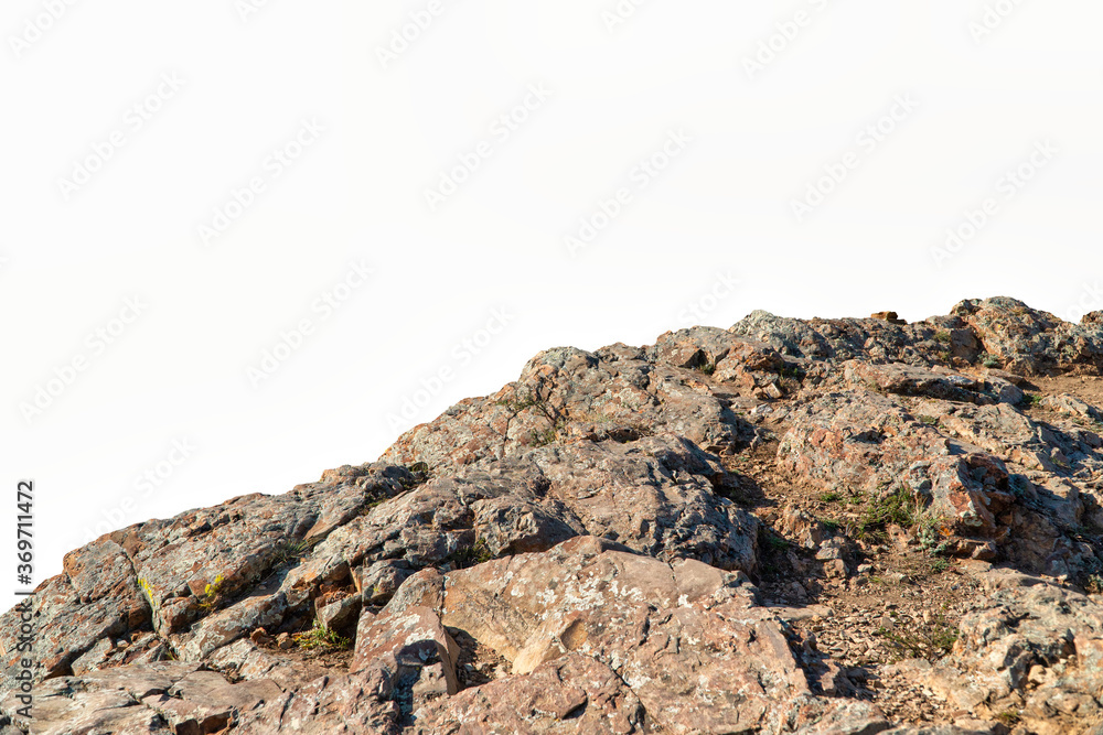 Rock mountain slope foreground close-up isolated on white background. Element for matte painting, copy space. Rock mountain slope foreground close-up isolated on white background. Element for matte painting, copy space.