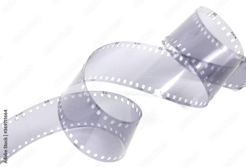35mm film strip in white background, copy space cinema word with place for text,  film strip for festival, brochure, poster, banner or flyer. Film entertainment concept.