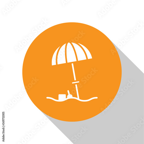 White Sun protective umbrella for beach icon isolated on white background. Large parasol for outdoor space. Beach umbrella. Orange circle button. Vector Illustration.