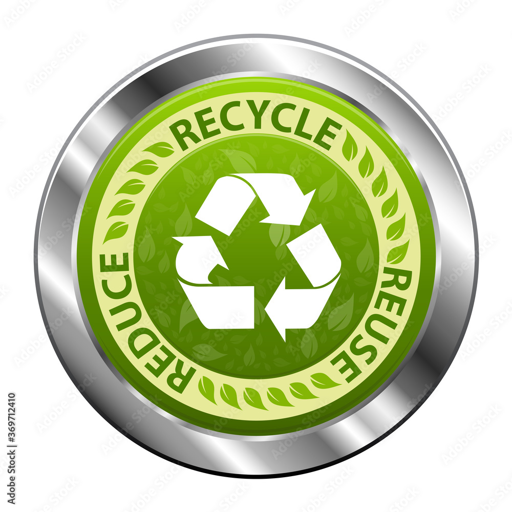 Recycle emblem or symbol with text recycle, reuse, reduce green metal icon isolated on white background. Vector illustration Recycle emblem or symbol with text recycle, reuse, reduce green metal icon isolated on white background. Vector illustration