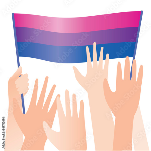 Hands with LGBTQ flags isolated on white background as homosexual protest concept, flat vector stock illustration with people hands as pride bisexual