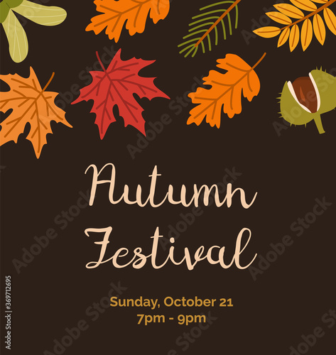 Autumn Festival invitation poster flat vector templates. Botanical banner layouts. Leaves, chestnut and branches with place for text. Fall season event dark background designs.