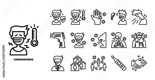 Coronavirus and medical element isolated icon set on white background. expanded stroke. vector and illustration